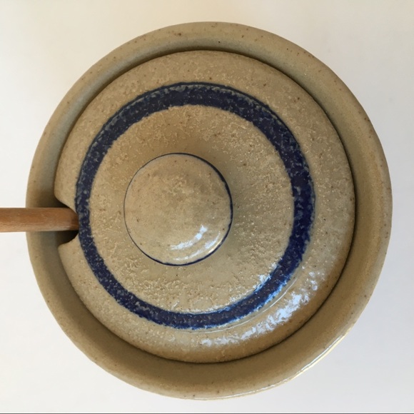 Salt Glazed Jam Jar Cobalt Blue stripes Beige Lid pottery Spoon Grapes vintage - Picture 5 of 15